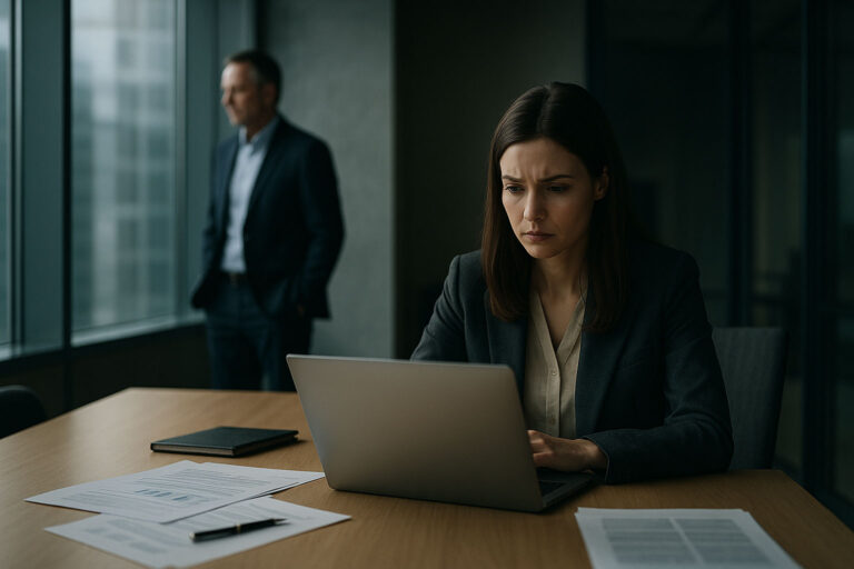 Eine Mitarbeiterin sitzt angespannt vor ihrem Laptop, während ein Vorgesetzter im Hintergrund unscharf steht – symbolische Darstellung von psychologischem Druck und toxischer Führung.