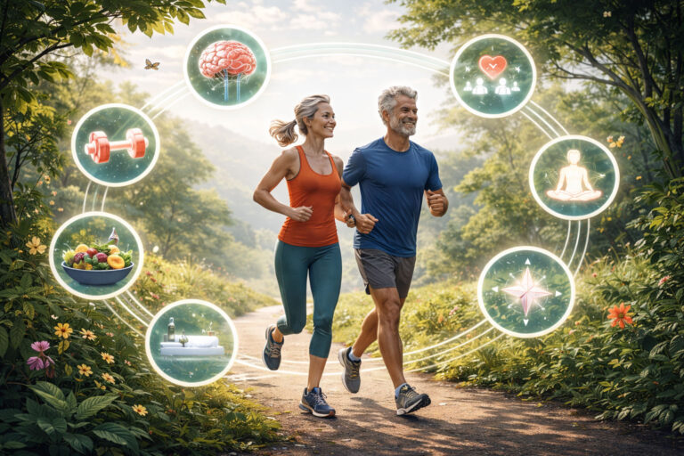 Gesundes Altern durch Lebensstil – aktive ältere Menschen symbolisieren die 7 Jungbrunnen-Faktoren wie Bewegung, Schlaf, Ernährung und Sinn.