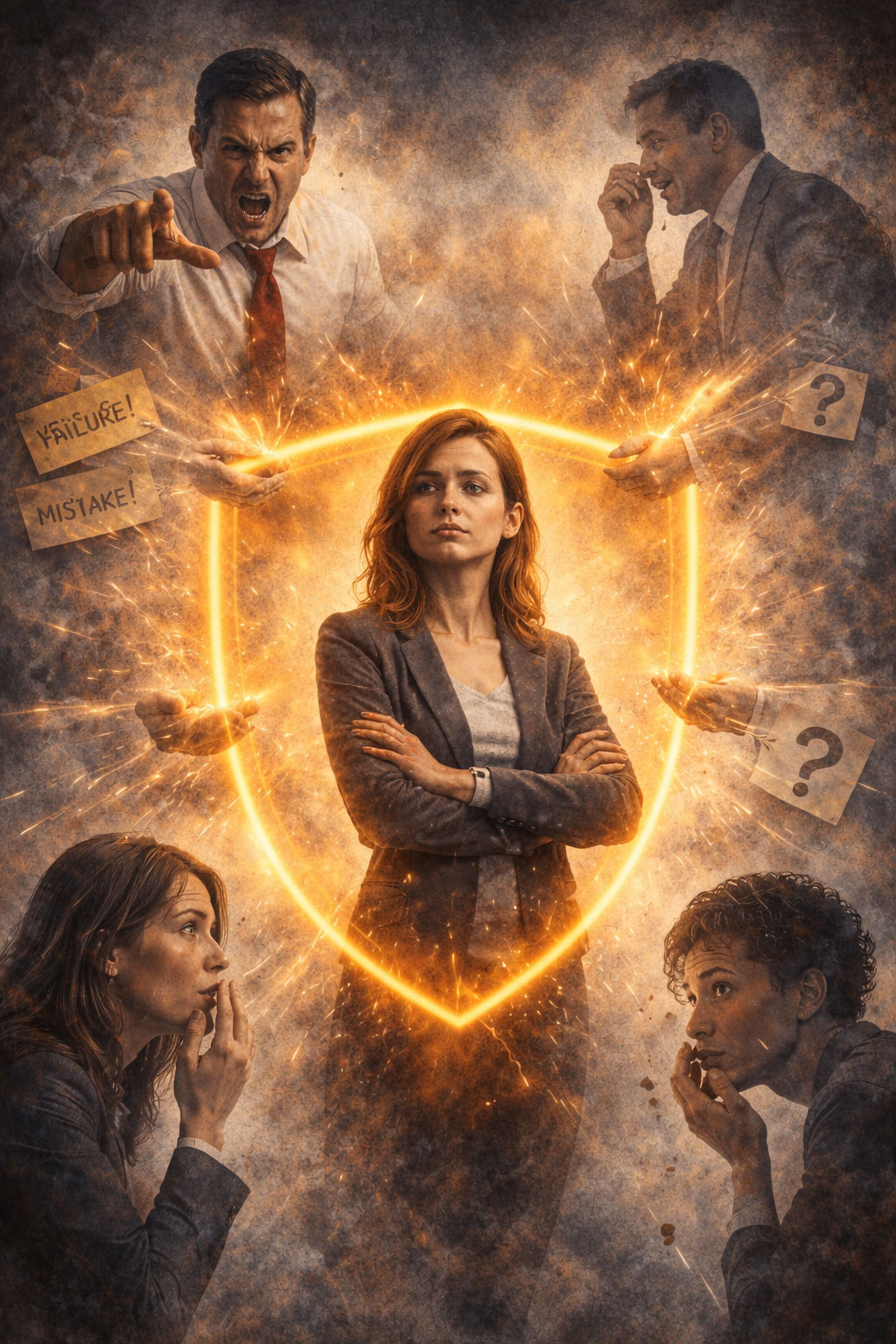 Selbstbewusste Frau in einem schützenden, leuchtenden Schild, umgeben von toxischen Personen, deren Angriffe an ihr abprallen – Symbol für psychologische Klarheit und innere Stabilität im Job.