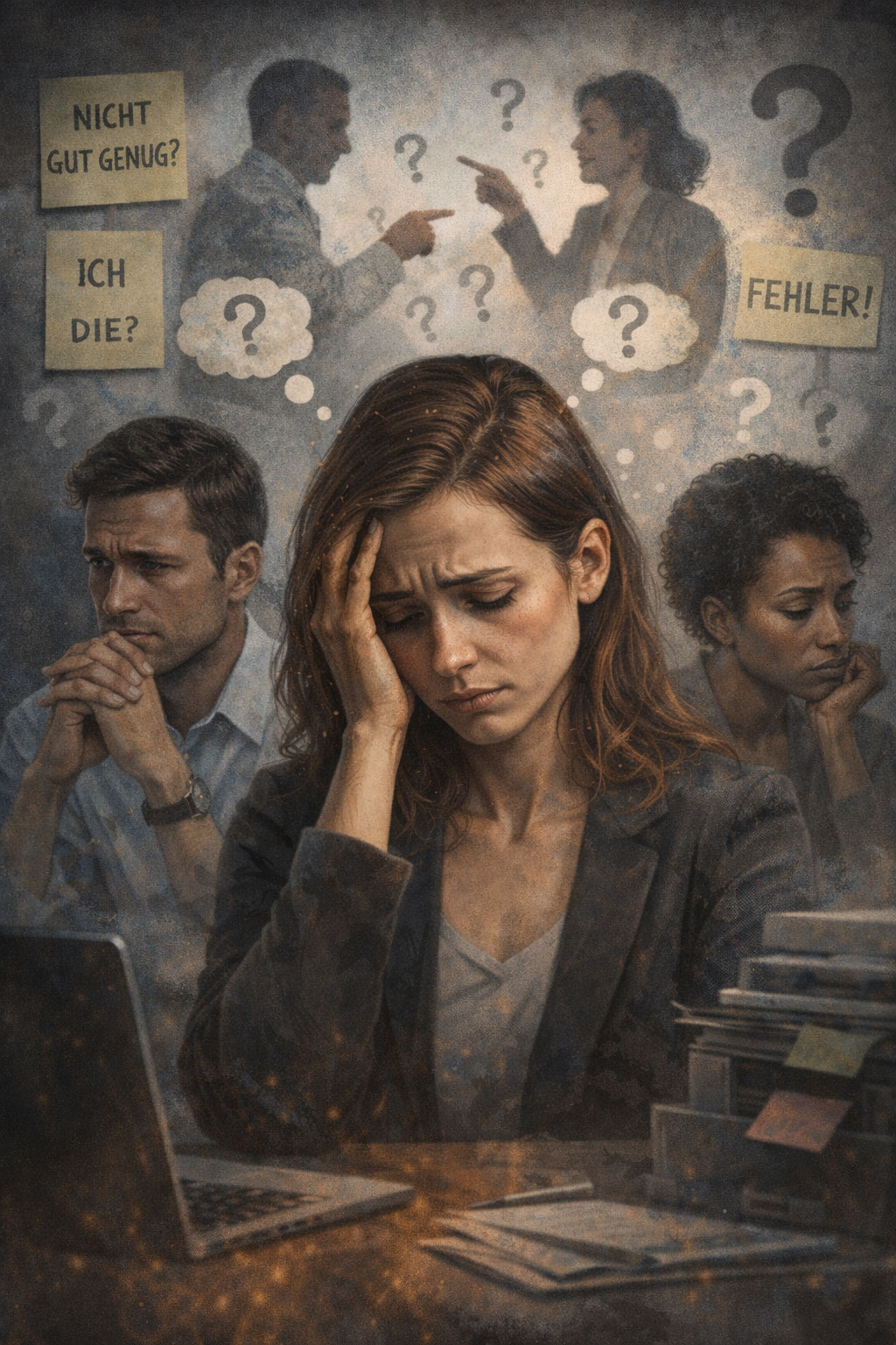Berufstätige Personen mit nachdenklichem und verunsichertem Ausdruck, umgeben von Fragezeichen und kritischen Botschaften – Symbol für Selbstzweifel im Job und mögliche Manipulation.