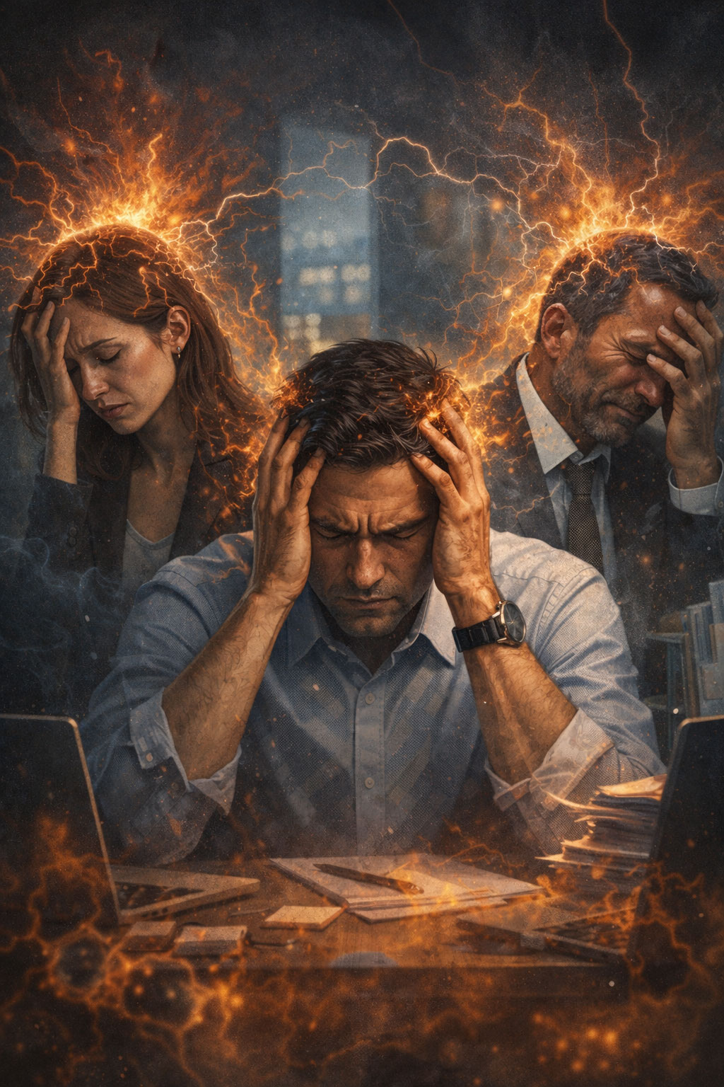 Darstellung von drei Fach- und Führungskräften in chronischer Anspannung, umgeben von symbolischen elektrischen Stressimpulsen – Sinnbild für toxischen Dauerstress im Beruf.