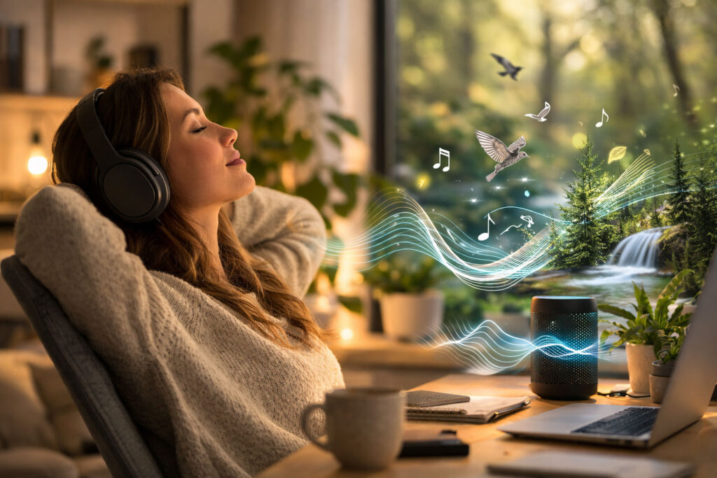 Person hört Naturgeräusche über Kopfhörer und Lautsprecher – Studien zeigen, dass Vogelgesang und Wasserrauschen Stress reduzieren und das Nervensystem beruhigen können.
