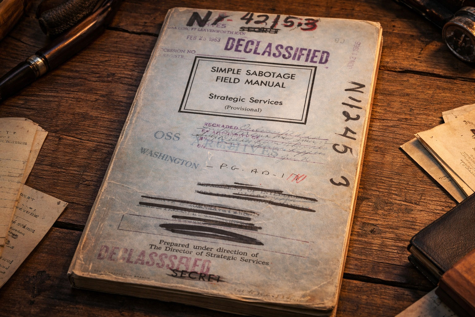 Simple Sabotage Field Manual – historisches OSS Dokument von 1944 auf einem Holztisch fotografiert