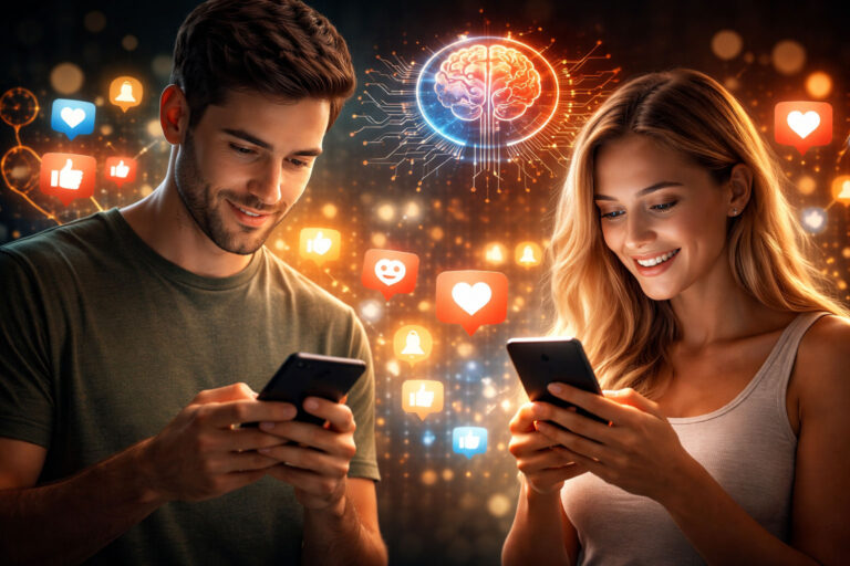 Zwei Menschen nutzen Smartphones während Social-Media-Symbole und ein digitales Gehirn die Wirkung von Algorithmen und Dopamin im Gehirn darstellen.