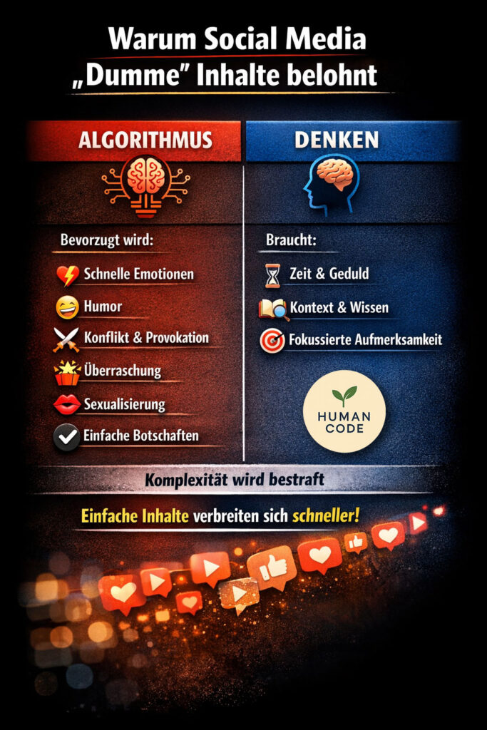 Infografik: Warum Social-Media-Algorithmen einfache Inhalte wie Emotionen, Humor und Konflikte bevorzugen und komplexe Inhalte benachteiligen.